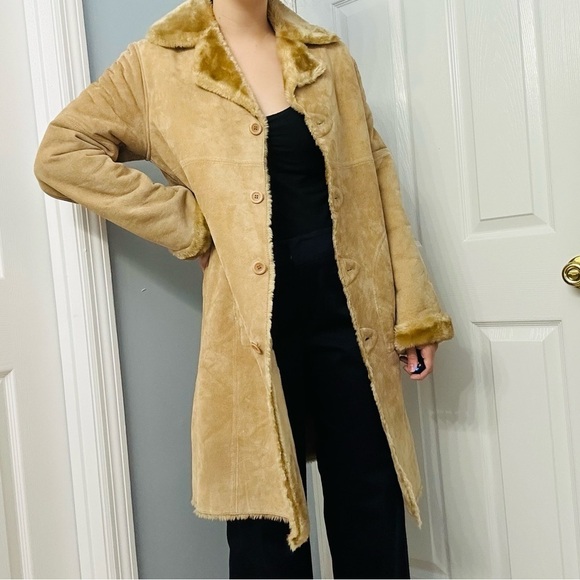 Vintage Jackets & Blazers - Vintage Shearling Coat Afghan Leather Tan Brown Long Trench Faux Fur Small